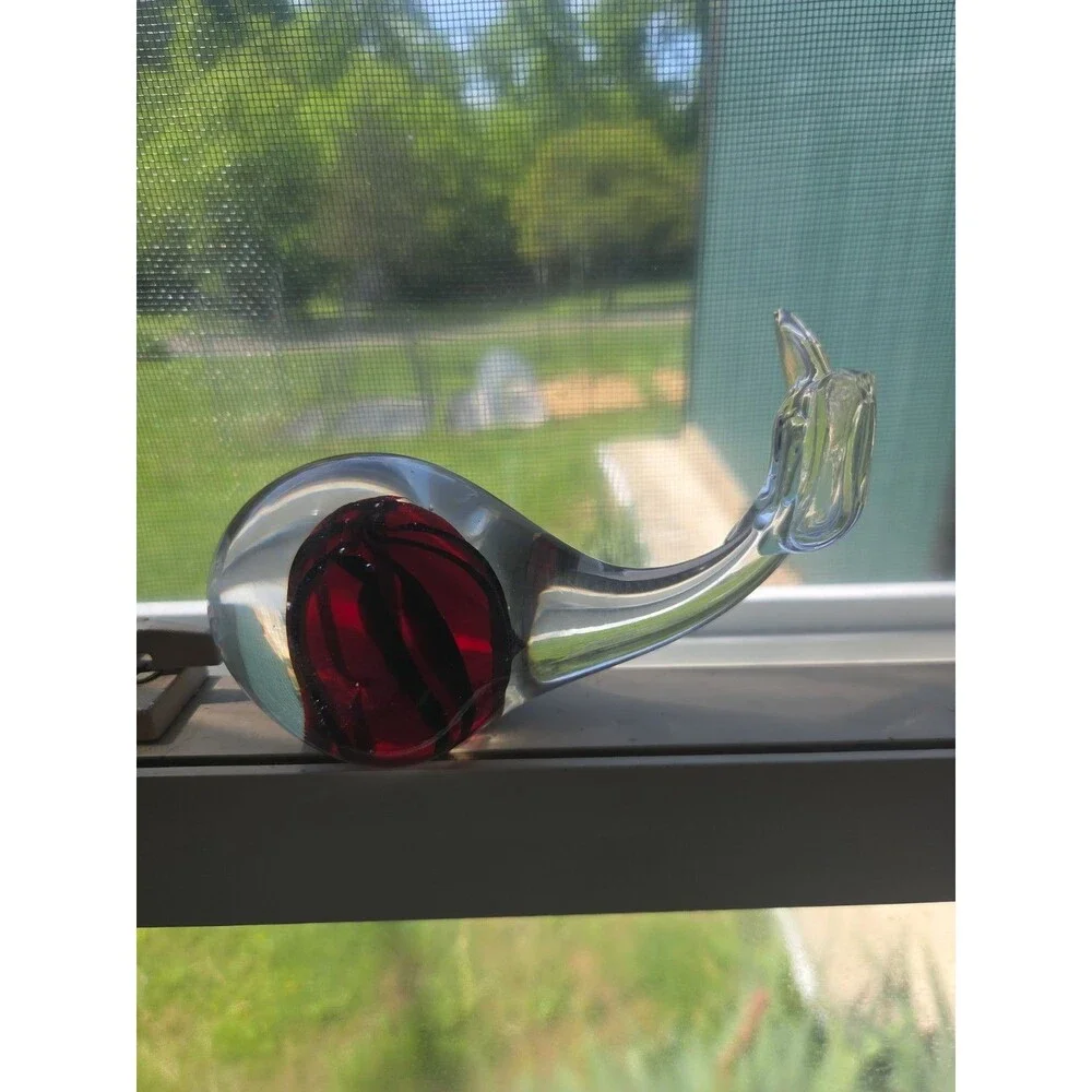 Vintage Art Glass Whale Paperweight Clear Red Black Stripes 5